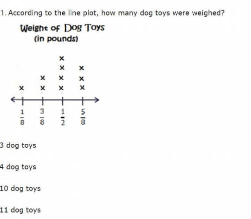 According to the line plot, how many dog toys were weighed?

3 dog toys
4 dog toys
10 dog toys
11