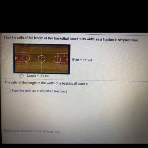 Find the ratio of the length of this basketball court to its width as a fraction in simplest form.