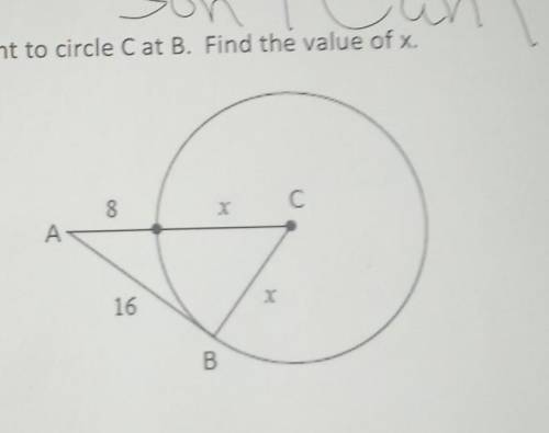 In the figure below, line AB is tangent to circle C at B. find the value of x. ​