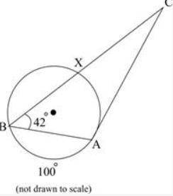 The figure below shows a triangle with vertices A and B on a circle and vertex C outside it. Side A