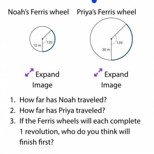 Priya and Noah are riding different size Ferris wheels at a carnival. They started at the same time