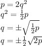 p = 2q^2\\q^2 = \frac{1}{2}p\\q = \pm\sqrt{\frac{1}{2}p}\\q = \pm \frac{1}{2}\sqrt{2p} \qed