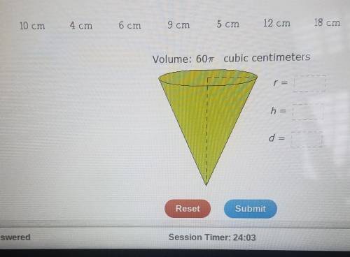 Given the volume of the cone below, identify the radius, height, and diameter.​
