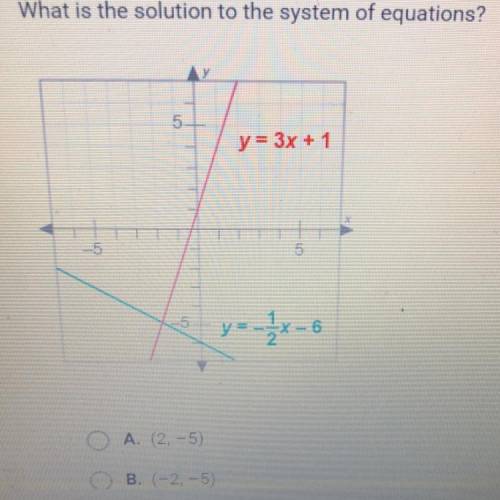 What is the solution to the system of equations?

A. (2, -5)
B. (-2, -5)
C. (-5,2)
D. (-5, -2)