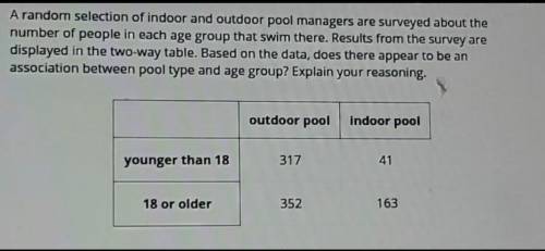 Can you help me please!!!

a random selection of indoors and outdoors pool managers are surveyed a