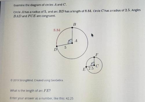 Examine the diagram of circles A and C. Circle A has a radius of 5, and arc BD has a length of 8.84