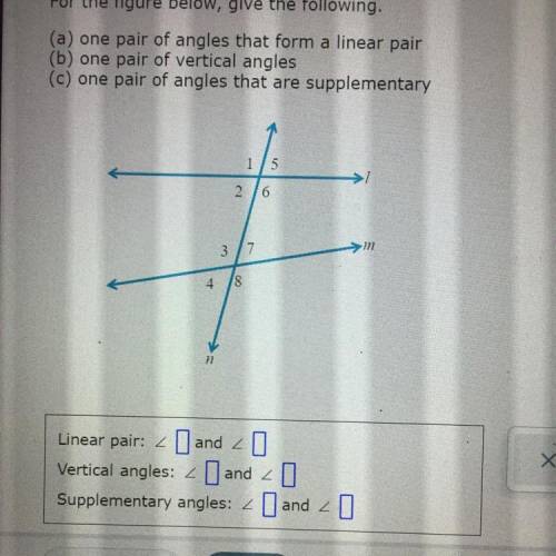 For the figure below, give the following.

(a) one pair of angles that form a linear pair
(b) one