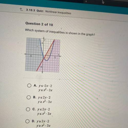 PLEASE HELP 
Which system of inequalities is shown in the graph