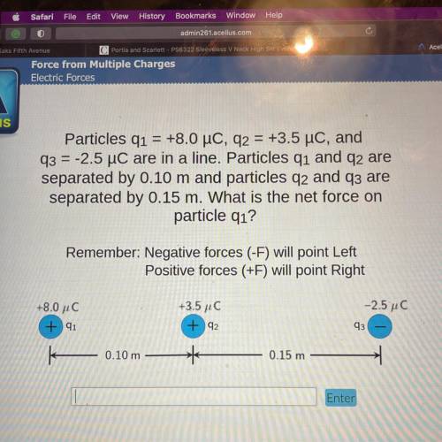 Particles q1 = +8.0 °C, 92 = +3.5 uc, and

q3 = -2.5 uC are in a line. Particles qi and q2 are
sep