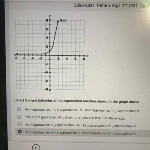 Select the end behavior of the exponential function shown in the graph above.

As x approaches –co