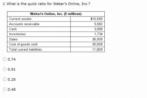 What is the quick ratio for Weber’s Online, Inc.?

0.74
0.91
0.26
0.48