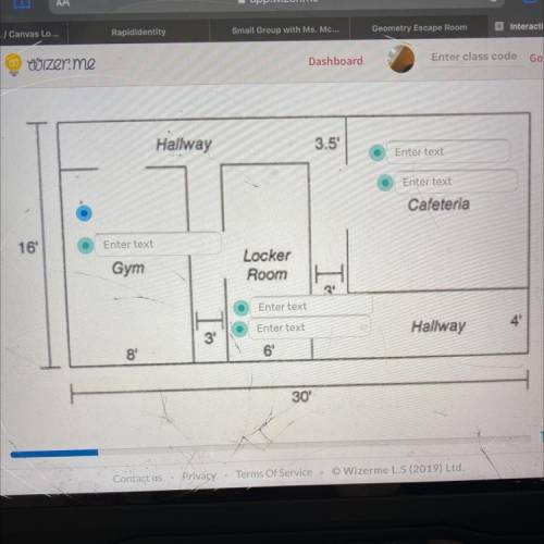 Find the area and perimeter the Gym, Cafeteria, and Locker

Room drawn in the blueprint.
Type the