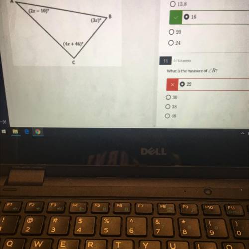 A triangle is shown

Plsssss help What is the value of
13,8
(2x - 10
O 16
O24
What is the measure