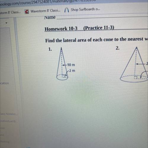 What is the lateral area of each cone to the nearest whole number? I need the slant height and LA