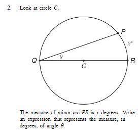 The measure of minor arc PR is x degrees. Write an expression that represents the measure, indegree