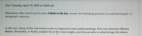 After watching the play A Raisin In The Sun, answer the following question in a well developed 2-3