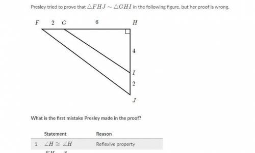 Presley tried to prove triangle FHJ is similar GHI find error