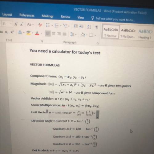 Vectors formulas 
Pre cal study guide test