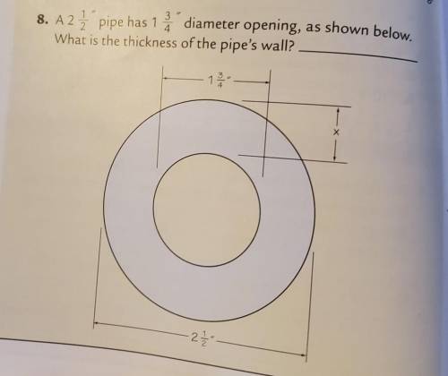 a 2 1/2 pipe has 1 3/4 diameter opening, as shown below. what is the thickness of the pipe's wall