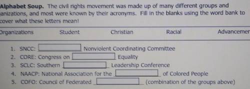 Organizations Student Christian Racial Advancement 1. SNCC: Nonviolent Coordinating Committee 2. CO