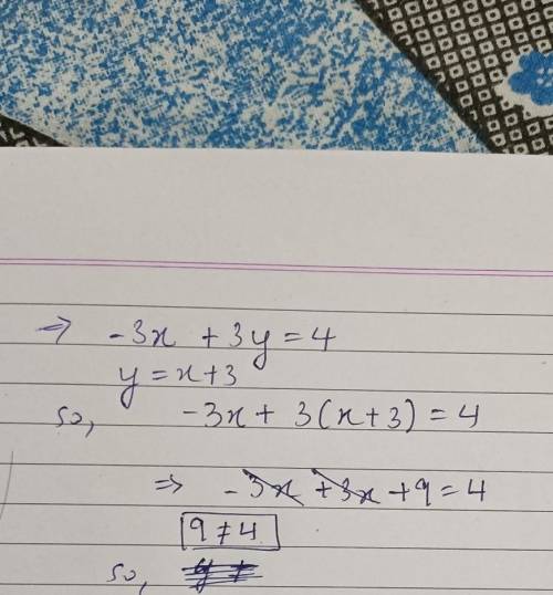 Solve Using Substitution.
-3x + 3y = 4
y = x + 3