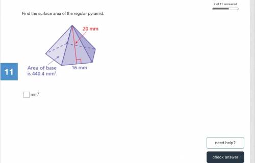 Find the surface area of the regular pyramid. Area of base 440.4 mm^2 side one 16mm and top 20mm