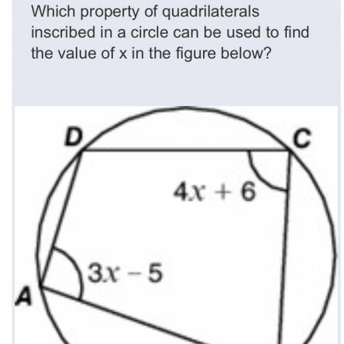 Which property of quadrilaterals inscribed in a circle can be used to find value of X in the figure