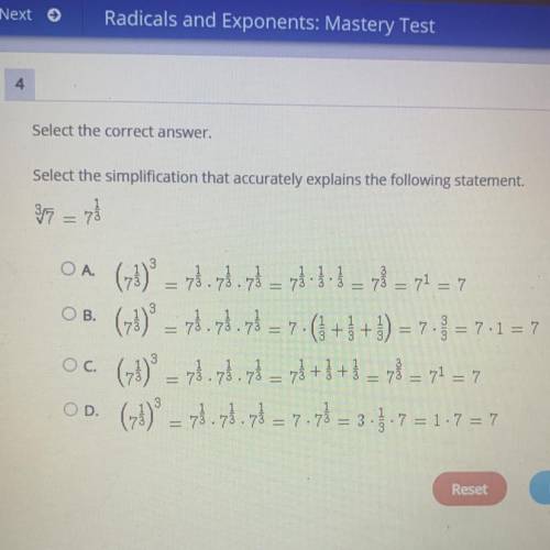 HELP ASAP

Select the correct answer.
Select the simplification that accurately explains the follo