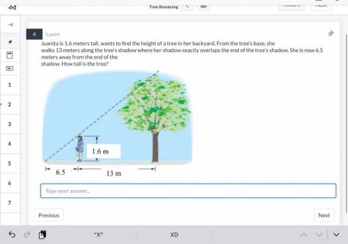 Juanita is 1.6 meters tall, wants to find the height of a tree in her backyard. From the tree’s bas