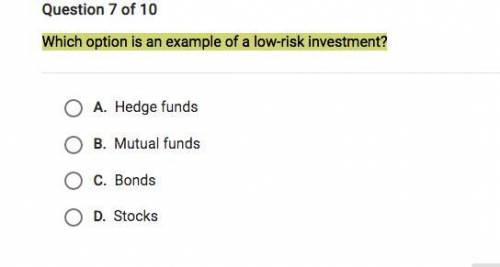 Which option is an example of a low-risk investment?

A.
Hedge funds
B.
Mutual funds
C.
Bonds
D.
S