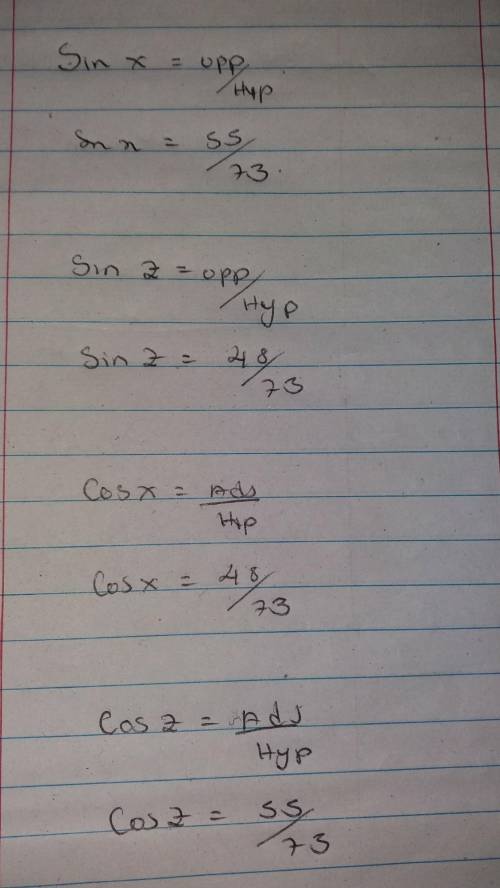 Find sin x, sin z, cos x, and cos z. Write each answer as a simplified fraction