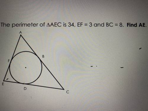 The perimeter of Triangle AEC is 35, EF =3 and BC = 8. Find AE.