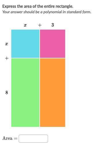 Express the area of the entire rectangle. Your answer should be a polynomial in standard form. x+3