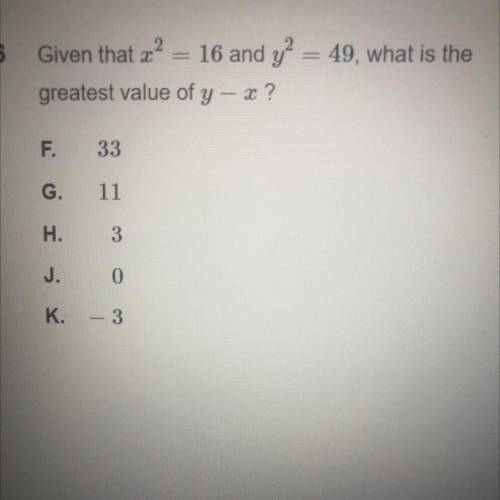 Given that x^2 = 16 and y^2 = 49, what is the
greatest value of y - x ?