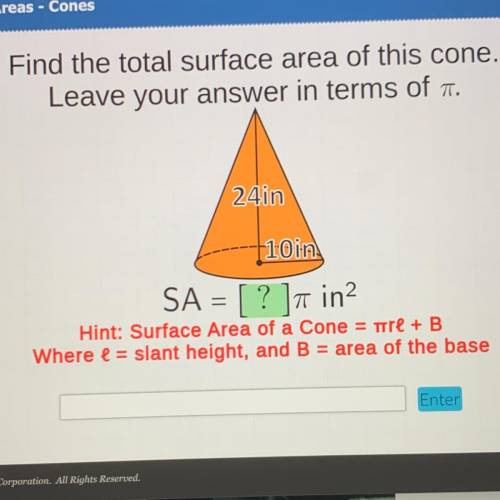 Find the total surface area of this cone.

Leave your answer in terms of T.
24.in
SA =? - in2