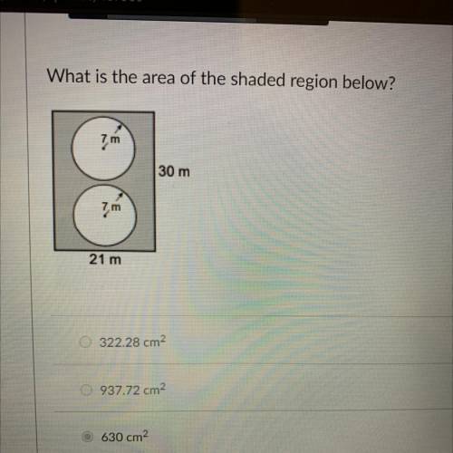 What is the area of the shaded region below?
7 m
30 m
7 m
21 m