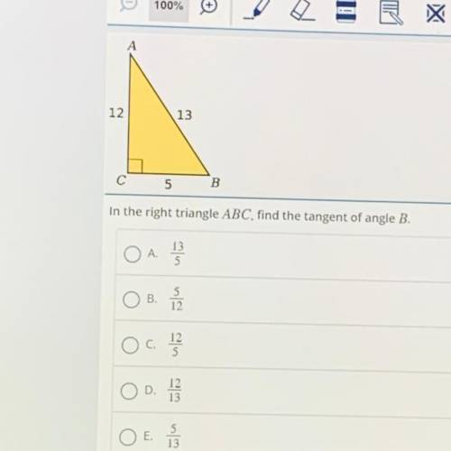 In the right triangle ABC, find the tangent of angle B