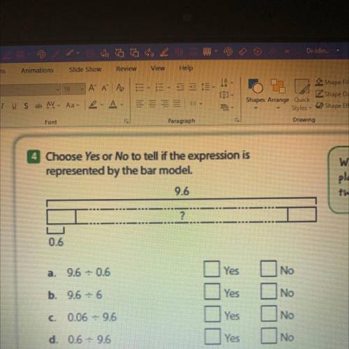 Choose yes or no to tell if the expression is represented by the bar model