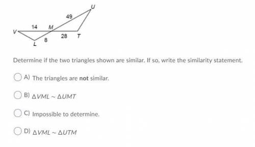 Determine if the two triangles shown are similar. If so, write the similarity statement.