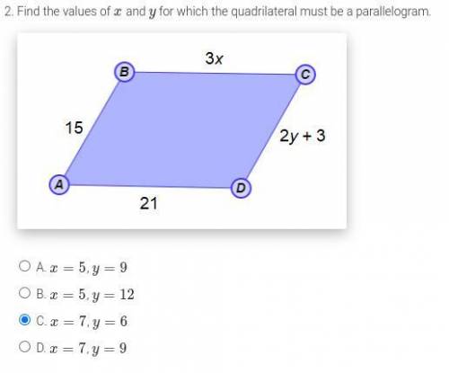 Find the values of x and y for which the quadrilateral must be a parallelogram.

I tried on this b