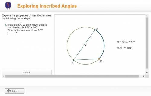 plz help fast! Move point C so the measure of the inscribed angle ABC is 50 degrees what is the mea