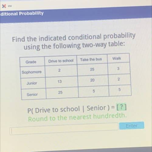 Find the indicated probability using the two/way table: p(drive to school | senior)