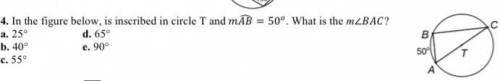 In the figure below, is inscribed in circle T and 50 . What is the m∠?