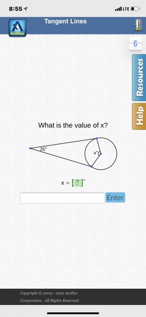 What is the value of x? 26 degrees tangent lines
