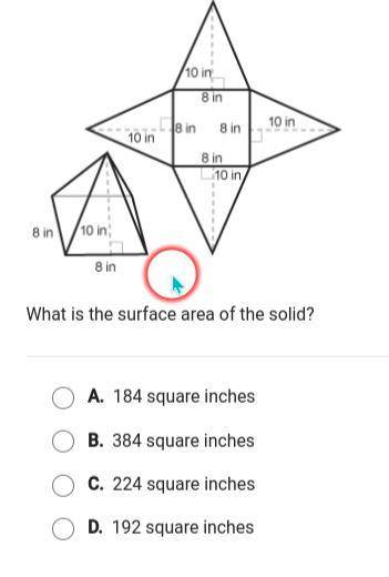 what is the surface area of this solid/ 184 sq inches/ 384 sq inches /224 sq inches / 192 sq inches