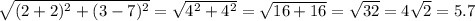 \sqrt{(2 + 2) {}^{2} + (3 - 7) {}^{2}  }  =  \sqrt{ {4}^{2} +  {4}^{2}  }  =  \sqrt{16 + 16}  =  \sqrt{32}  = 4 \sqrt{2}  = 5.7
