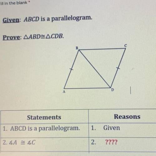 Fill in the blan

points
Given: ABCD is a parallelogram.
Prove: AABD ACDB.
A
D
Statements
Reasons