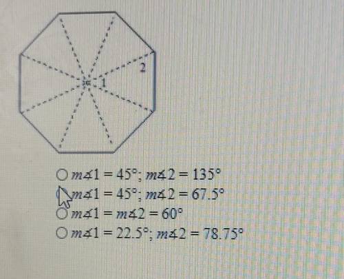 Given the regular polygon, find the measure of each numbered angle. Om41 = 45°: 72 = 1354 Om1= 45°: