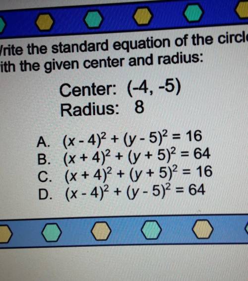 Write the standard equation of the circle with the given Center and radius:

i would love help on