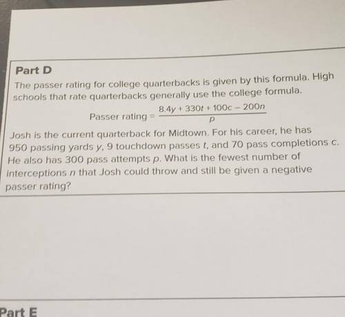 The passer rating for college quarterbacks is given by this formula. High schools that rate quarter